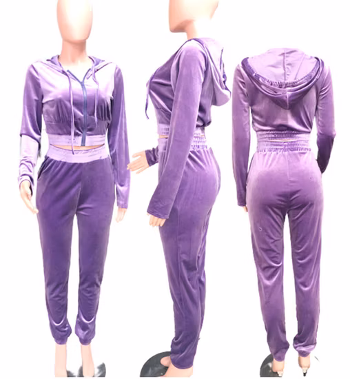 Chándal de dos piezas Mujer Sudadera con capucha de terciopelo Crop Top Sudadera y pantalones Esg16122
