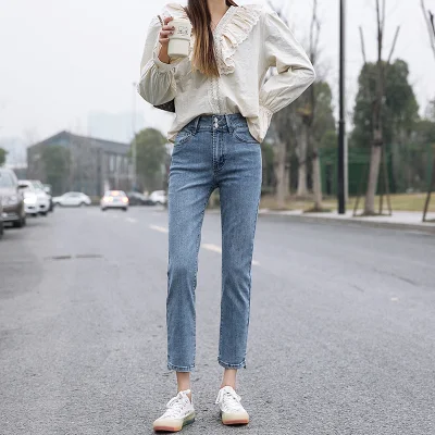 2020 nuevo coreano Casual media cintura azul Strech Denim Jeans pantalones Bootcut Legging